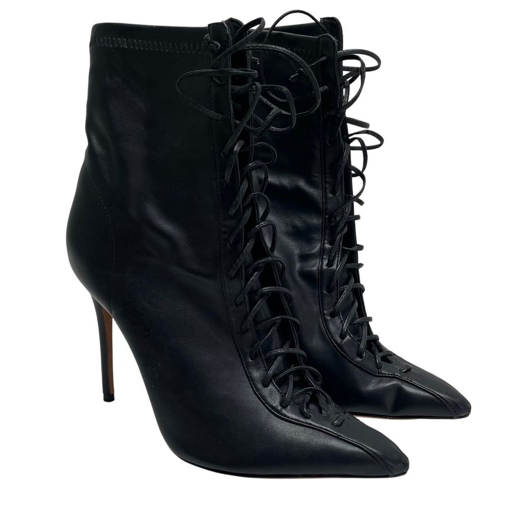 Schutz Tennie Black Leather Lace Up Pointed Toe Stiletto Boots 9B Witchy Costume - Picture 2 of 10
